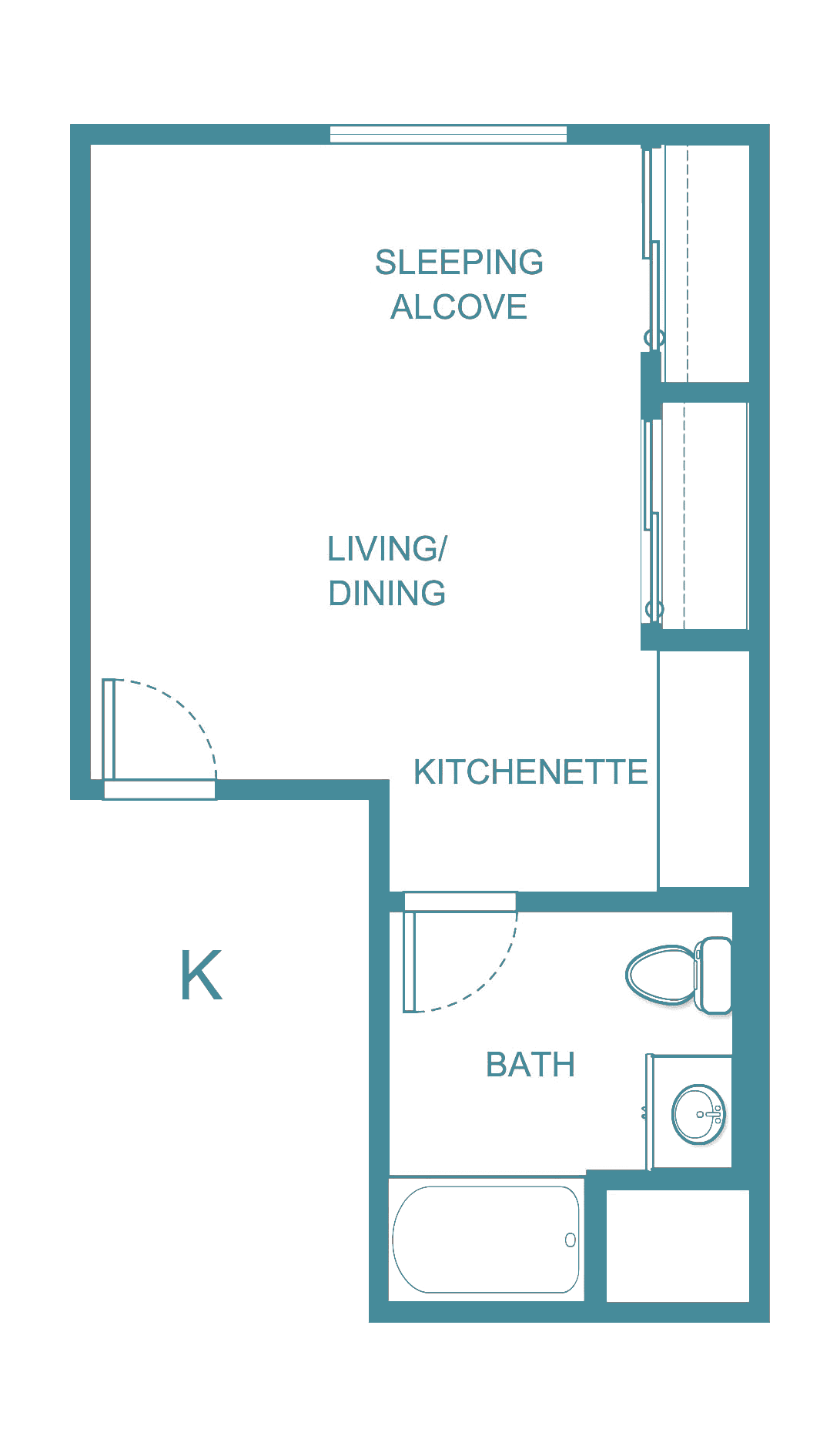 Studio apartment floor plan with kitchenette and living/dining area.