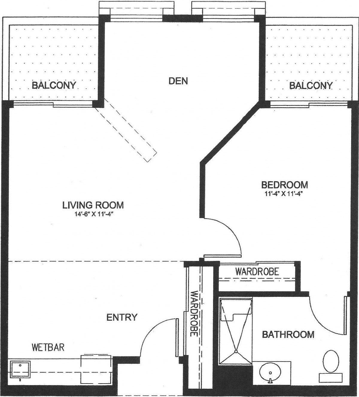 A floor plan of an apartment featuring a living room, bathroom, entry area, and two balconies.