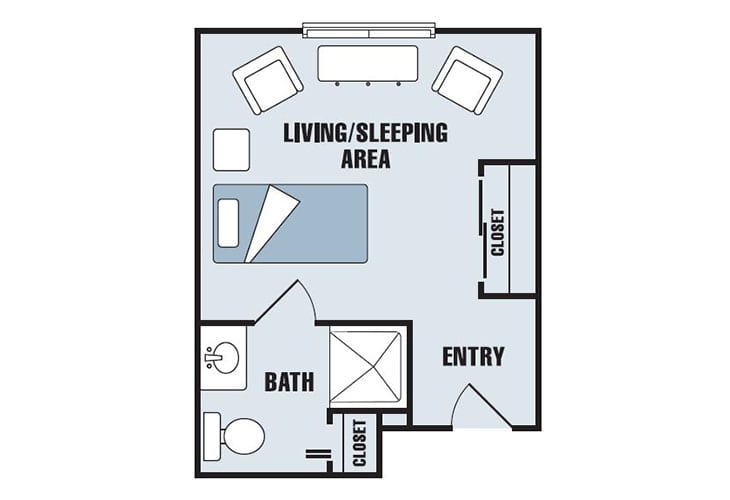 A floor plan of a studio apartment with a combined living and sleeping area, bathroom, and closet.