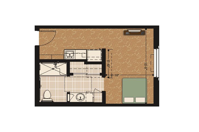 A floor plan of a one-bedroom apartment, showing the arrangement of rooms including a bedroom, bathroom, kitchen, and living area.