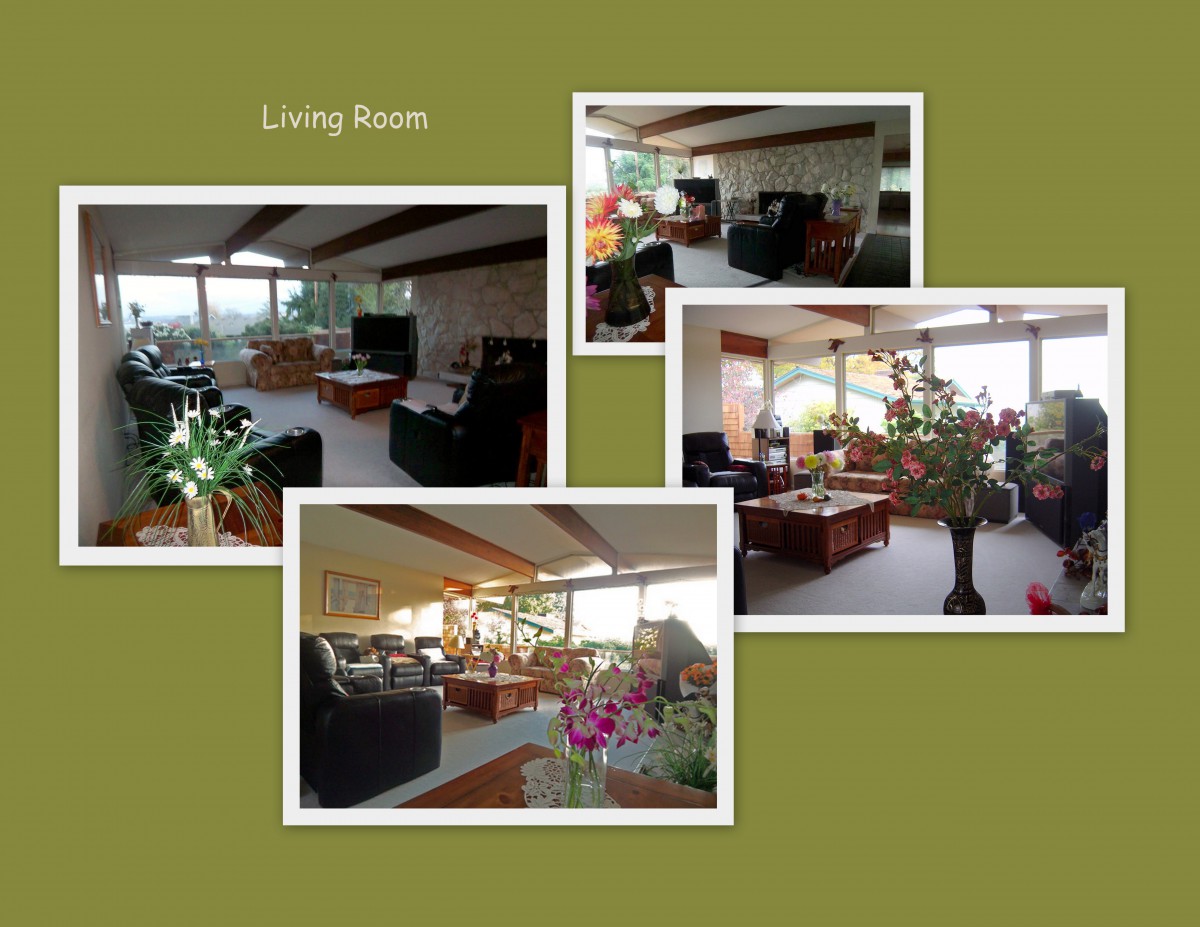 A collage showcasing a well-decorated living room with ample natural light and vibrant plants.