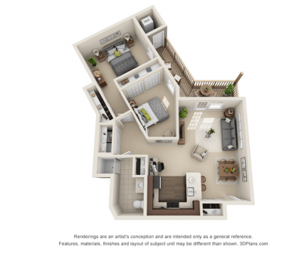 A 3D floor plan of a two-bedroom apartment featuring a spacious living area, kitchen, and bathroom.