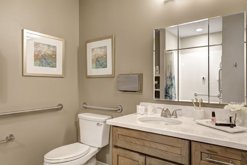 A well-lit bathroom featuring a toilet, sink with mirror, and decorative artwork on the walls.