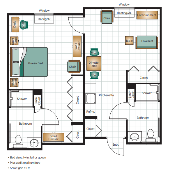 A floor plan of a two-bedroom apartment featuring a kitchen, living room, and two bathrooms.