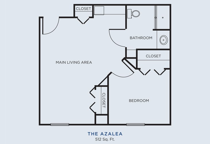Azalea apartment floor plan featuring a one-bedroom layout with a main living area, bathroom, and closets.