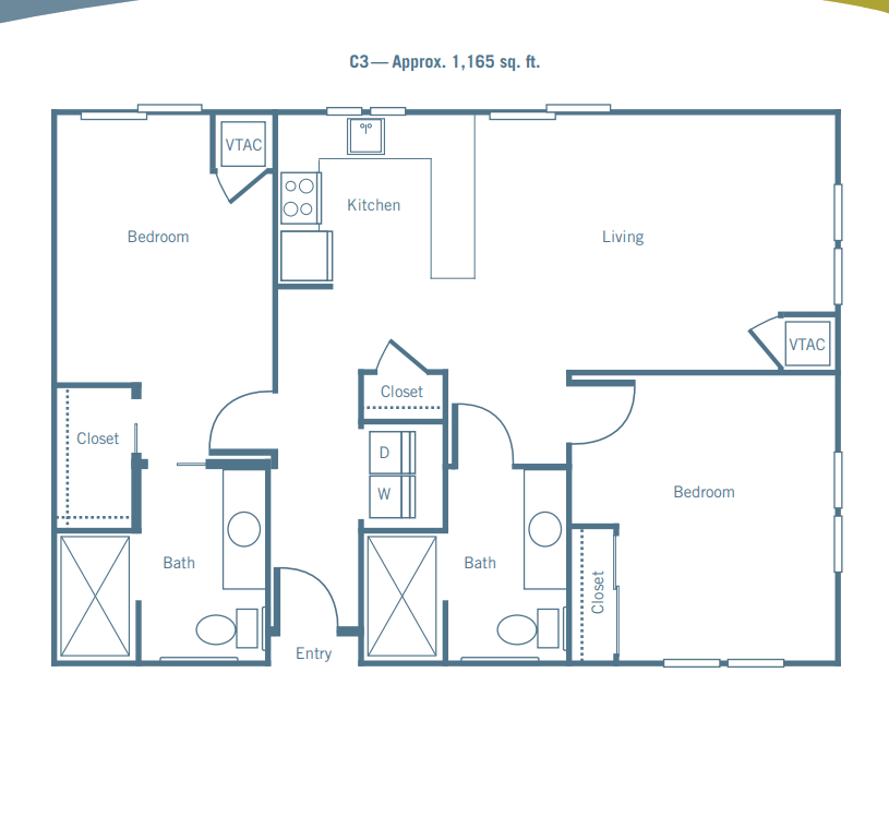 A detailed floor plan of a two-bedroom apartment, including living room, kitchen, and bathrooms.