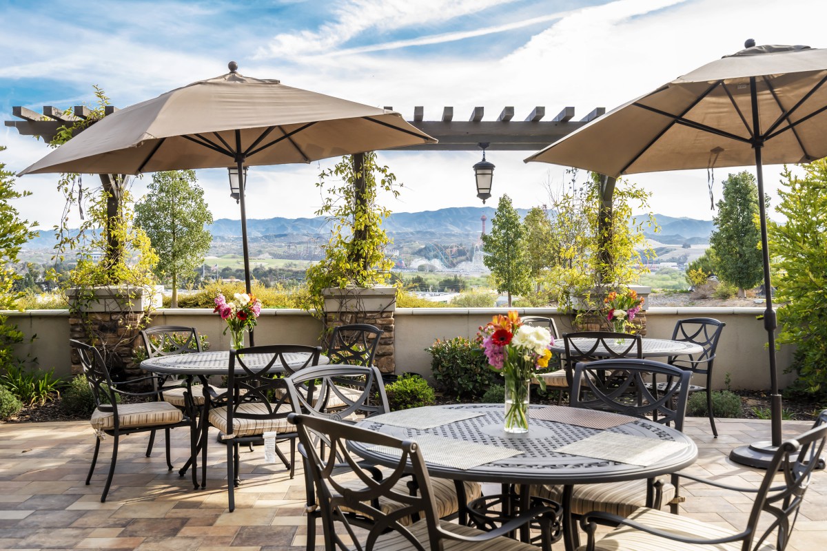 A scenic outdoor patio with tables, chairs, and umbrellas overlooking a vineyard.