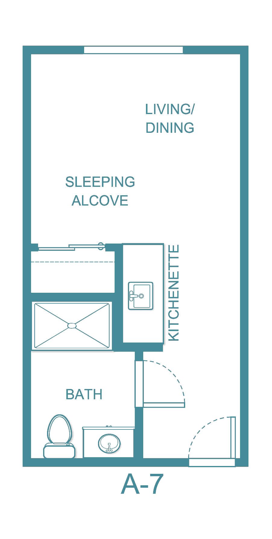 Studio apartment floor plan featuring a sleeping alcove, kitchenette, and bathroom.