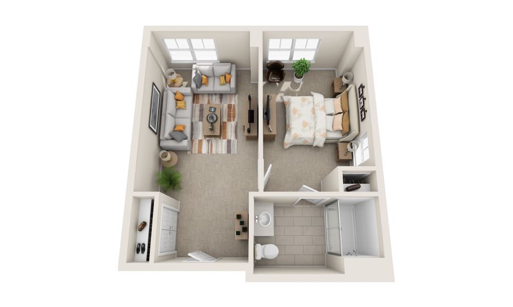 A one-bedroom apartment floor plan with a living room, bathroom, and bedroom.