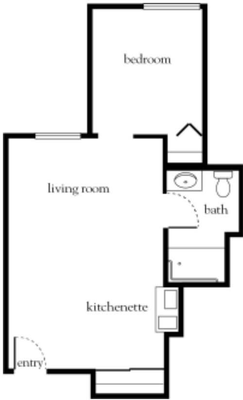 A simple floor plan of an apartment showing a living room, kitchenette, and bathroom.