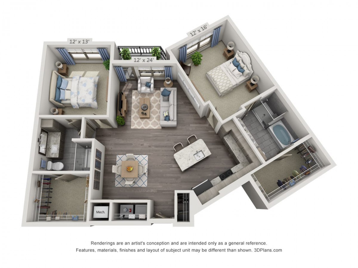 A 3D floor plan of a modern apartment with two bedrooms and an open living area.