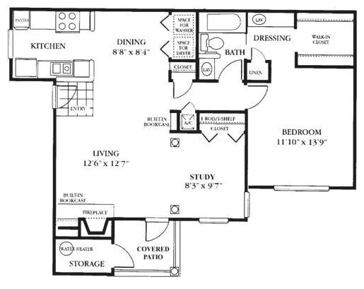 A detailed floor plan of an apartment including kitchen, living room, bedroom, and study.