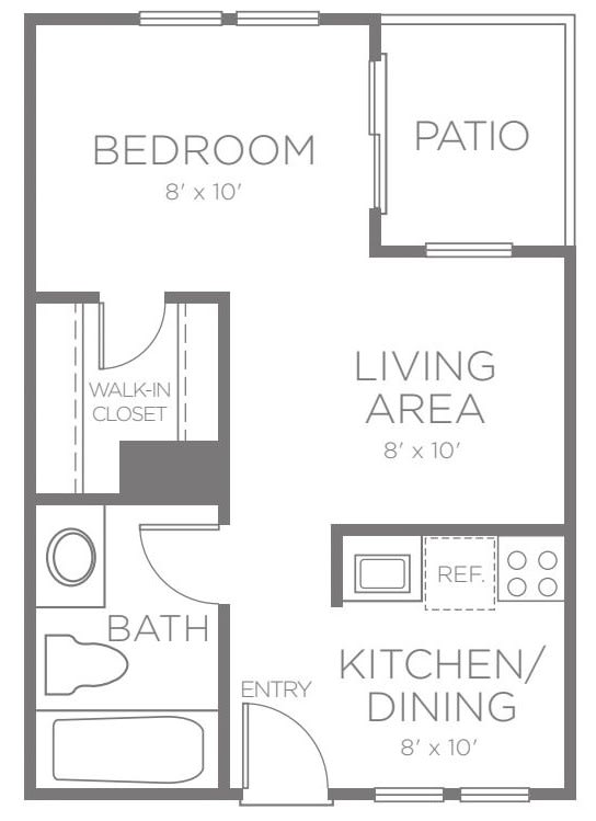 A floor plan of a one-bedroom apartment with living area, kitchen, bathroom, and patio.