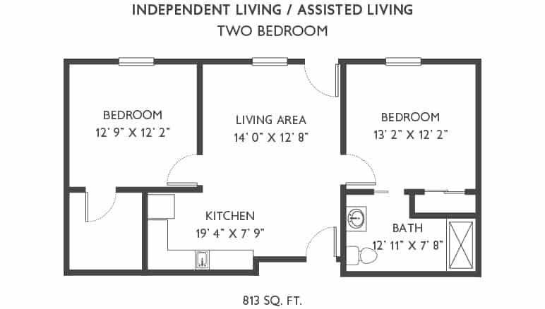 A floor plan for a two-bedroom independent or assisted living unit, featuring a kitchen, living area, and bathroom.