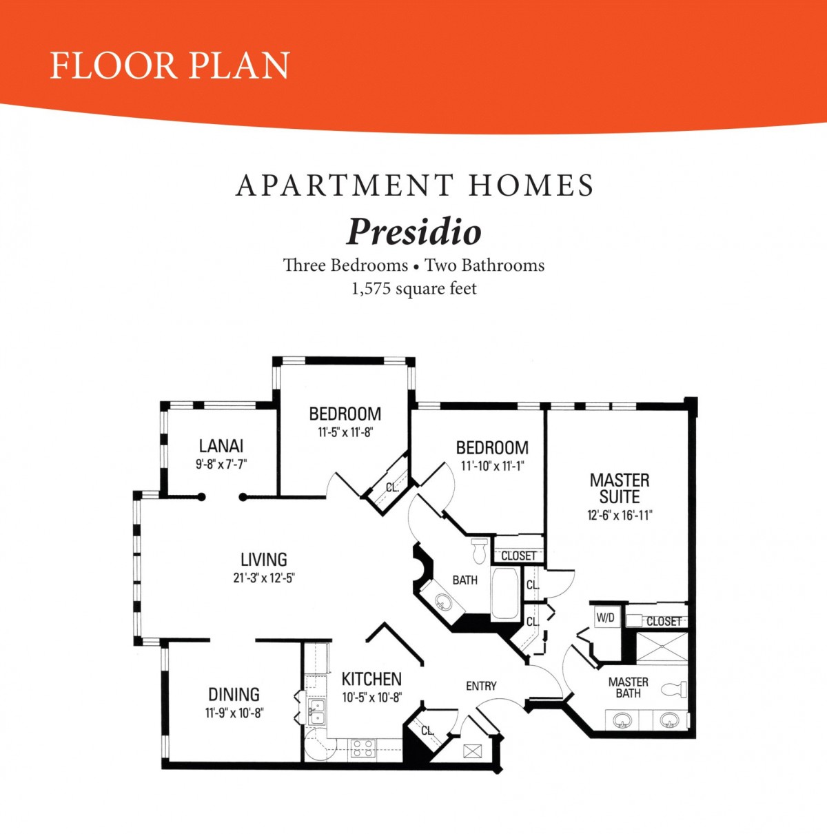 Floor plan of the Presidio apartment home, featuring three bedrooms and two bathrooms.