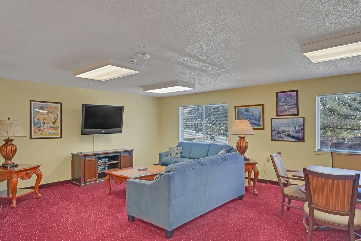 A cozy living room with a sofa, television, and vibrant red carpet.
