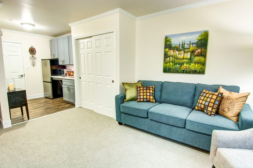 A cozy living room with a blue sofa, colorful cushions, and a kitchen in the background.