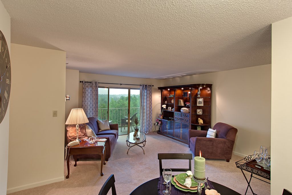 A cozy living room with comfortable seating, a glass coffee table, and decorative shelves.