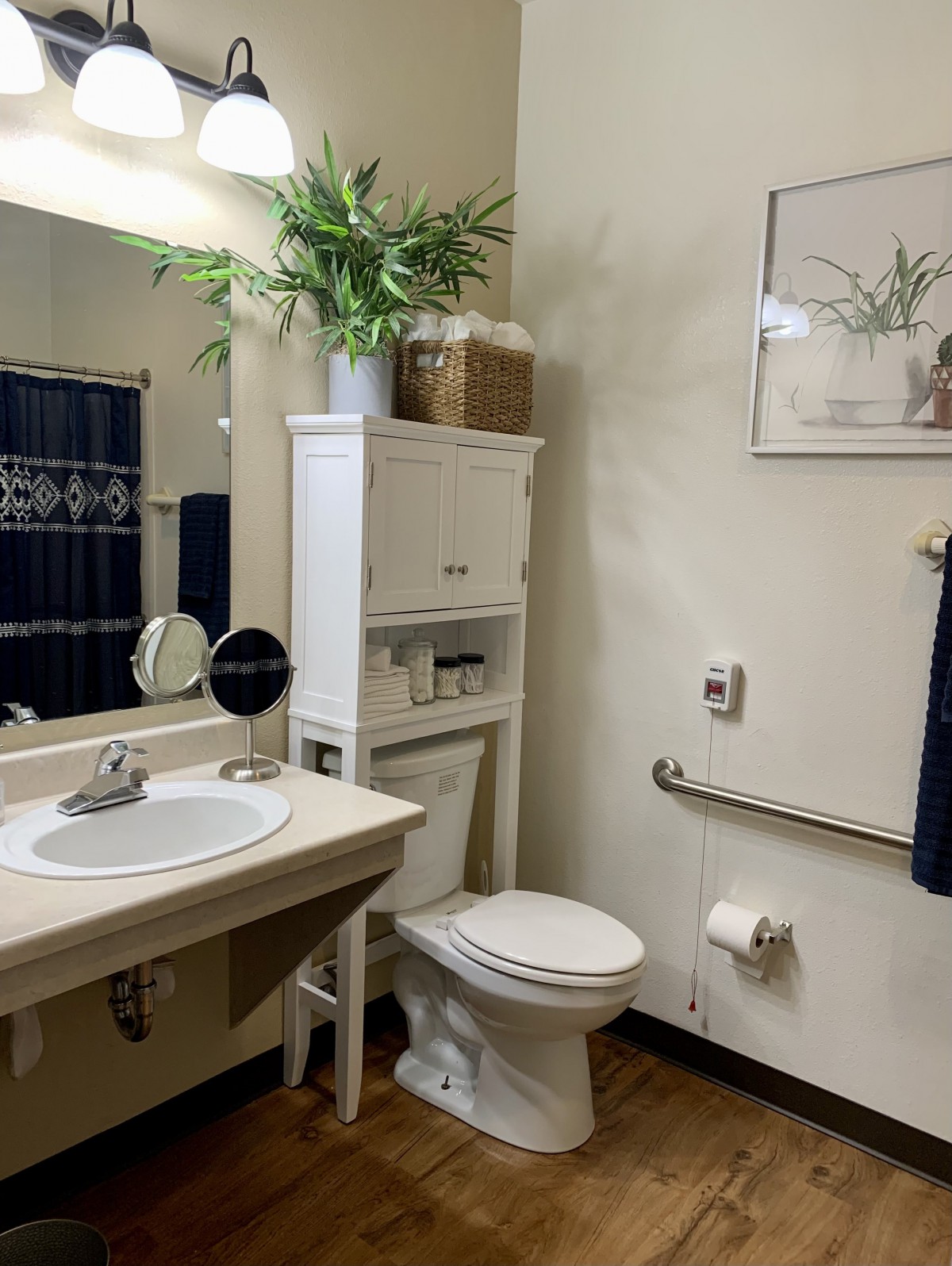 A clean and organized bathroom with a sink, toilet, and storage cabinet, decorated with plants.