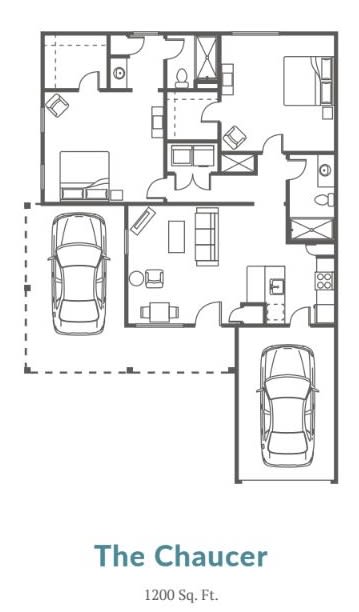 A floor plan illustrating a household layout with two garages, living space, kitchen, and bedrooms.