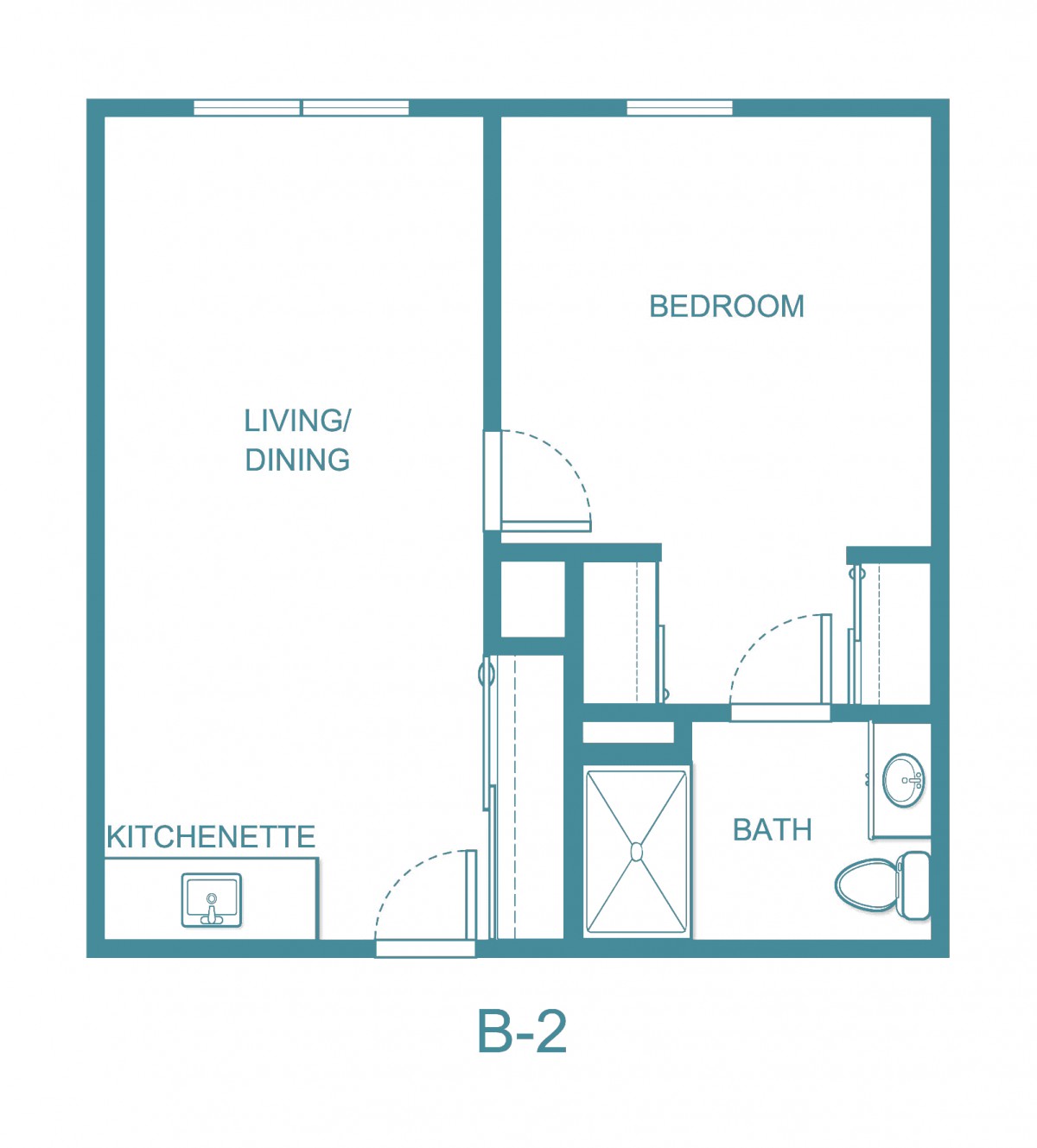 A simple floor plan of a one-bedroom apartment with a living/dining area, kitchenette, and bathroom.