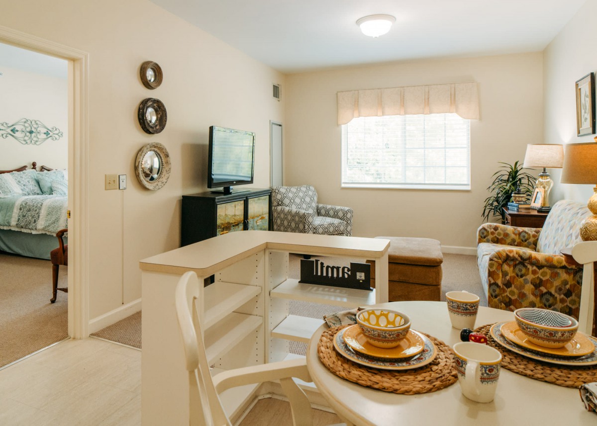 Cozy living room with a dining area and soothing natural light.