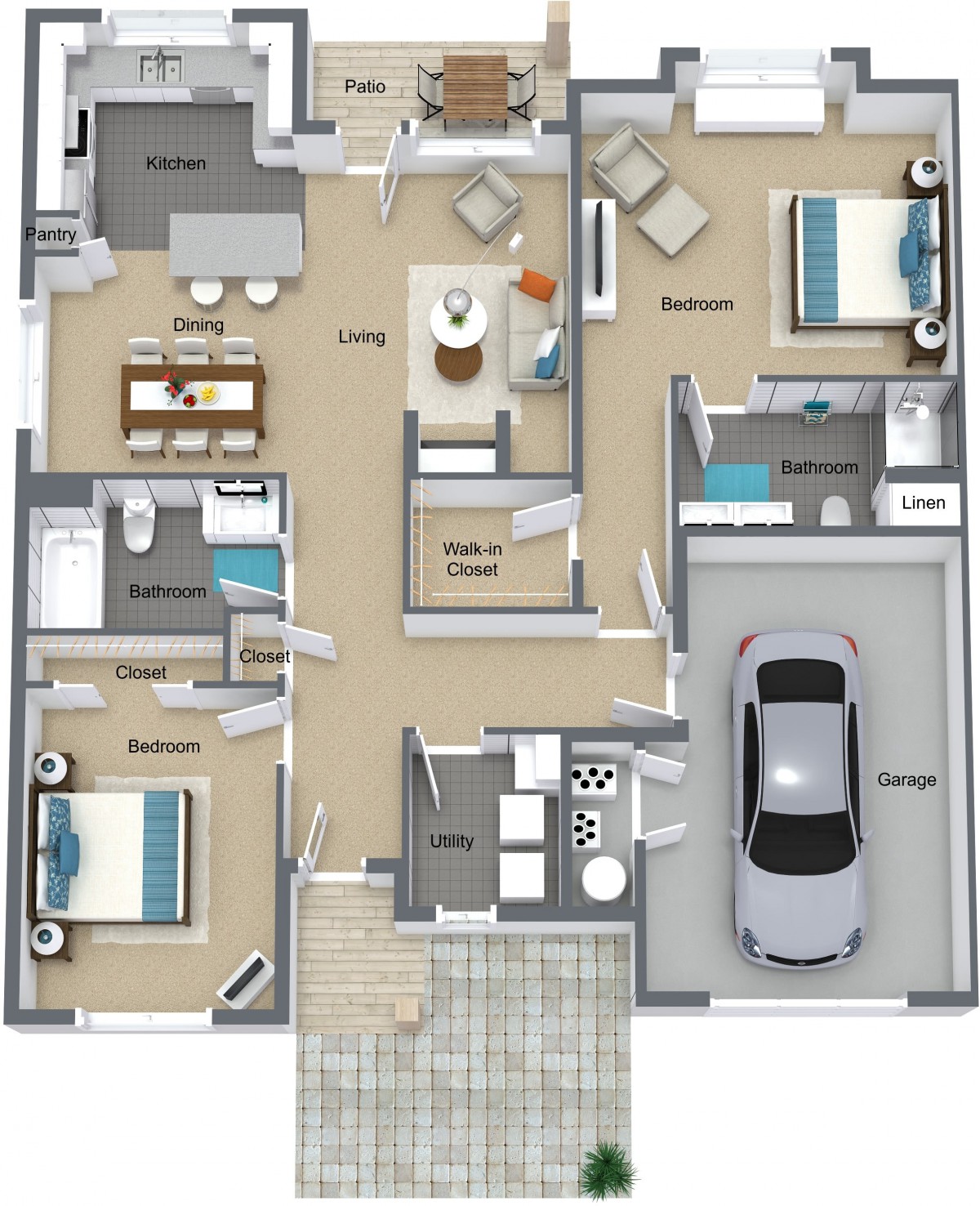 A detailed floor plan of a house featuring three bedrooms, two bathrooms, a kitchen, living room, dining area, and garage.