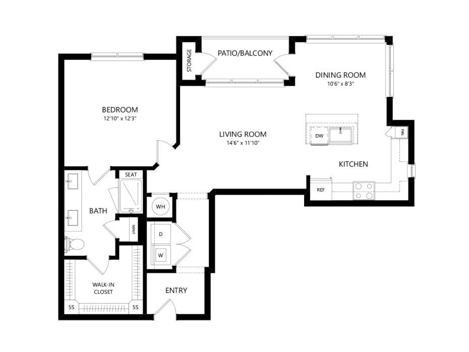 Floor plan of a one-bedroom apartment featuring a kitchen, living room, bathroom, and patio.