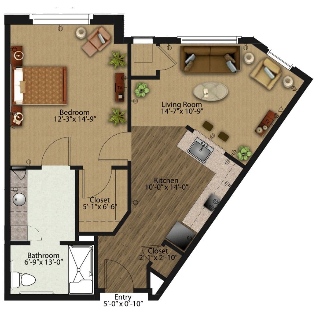 A one-bedroom apartment floor plan featuring a living room, kitchen, bathroom, and closet.