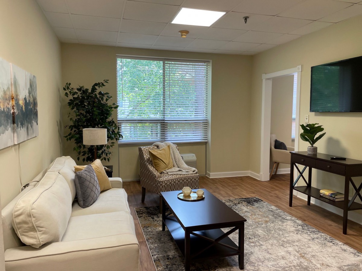 A cozy living room with comfortable seating, decorative plants, and natural lighting.