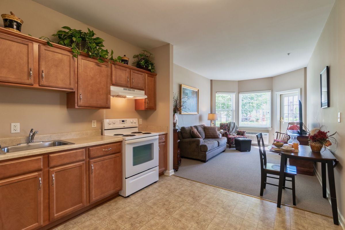 An open-concept apartment interior featuring a kitchen and living room, with wooden cabinets and a cozy seating area.