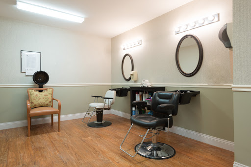 A cozy hair salon setup featuring stylish chairs and mirrors.