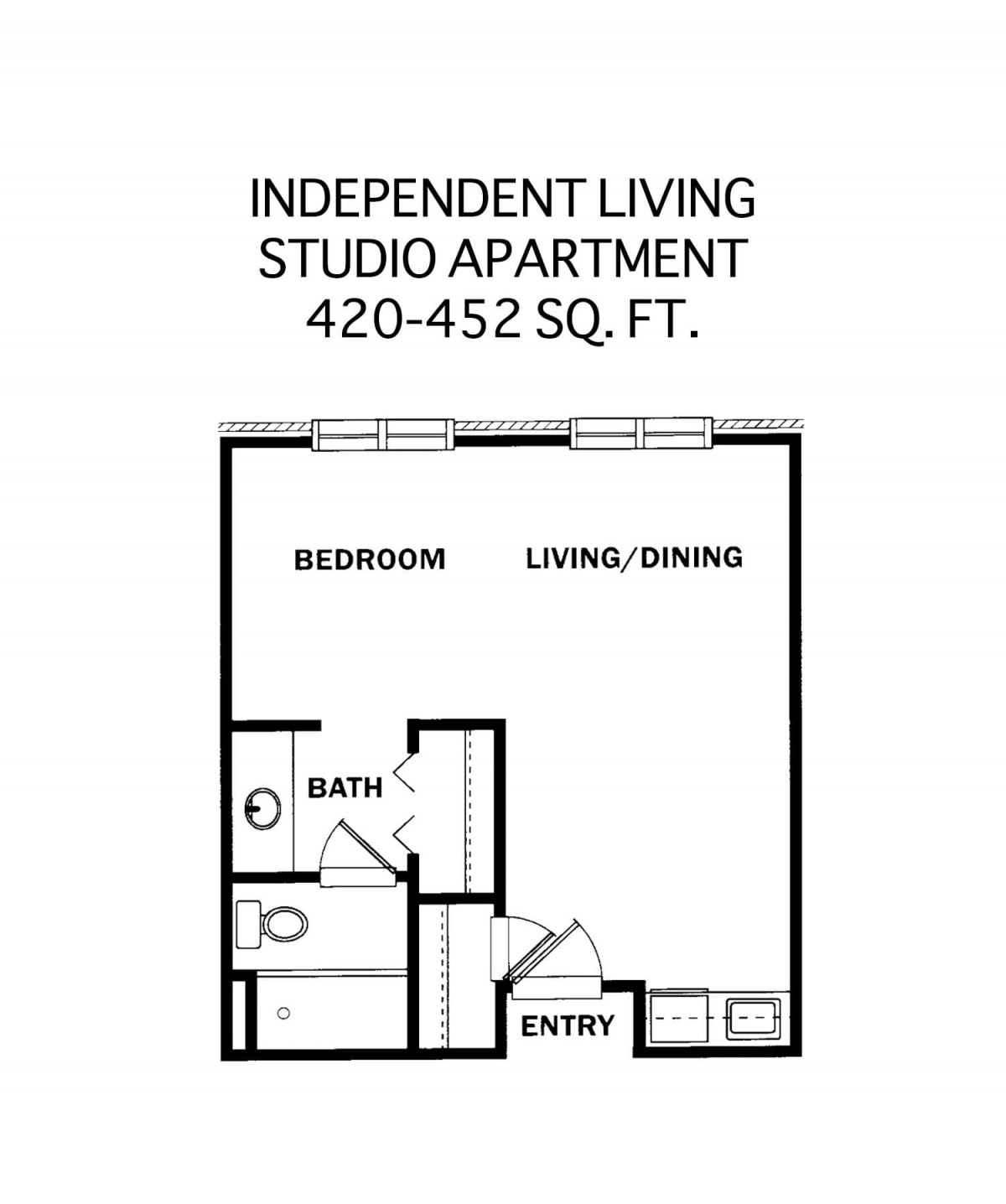 Floor plan of an independent living studio apartment measuring 420-452 square feet.