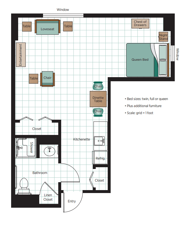 This image depicts a floor plan of a studio apartment with designated areas for living, dining, and sleeping.