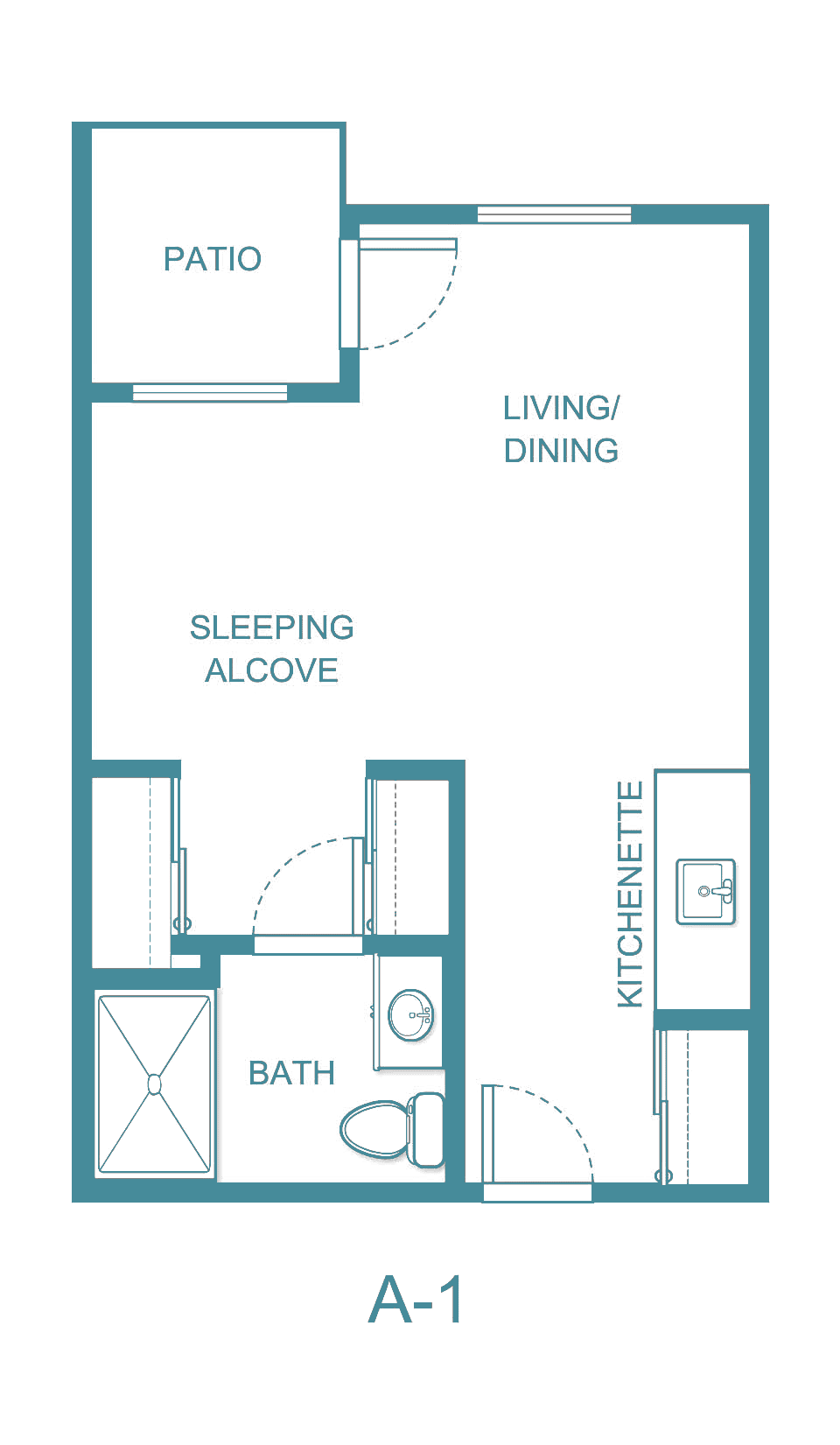 Studio apartment floor plan with a living/dining area, kitchenette, sleeping alcove, and bathroom.