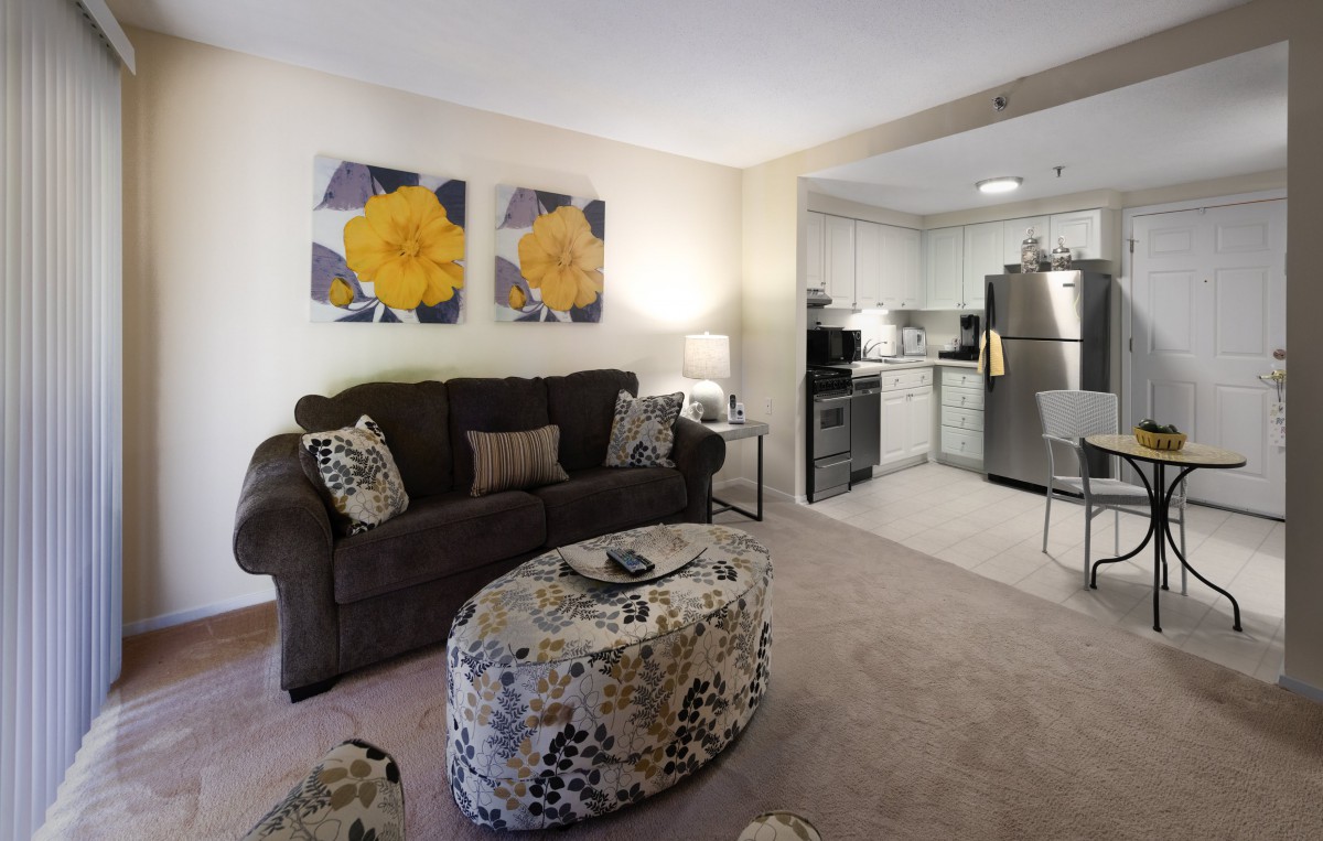 A cozy living room with a sofa and cushions, featuring floral artwork on the wall. The open-plan space leads to a modern kitchen equipped with stainless steel appliances.