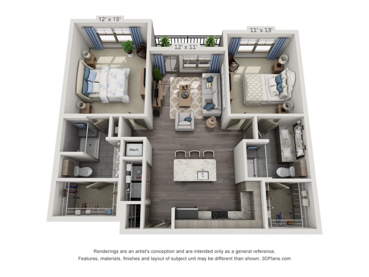 A 3D rendered floor plan of a two-bedroom apartment featuring an open living area and kitchen with a central island.