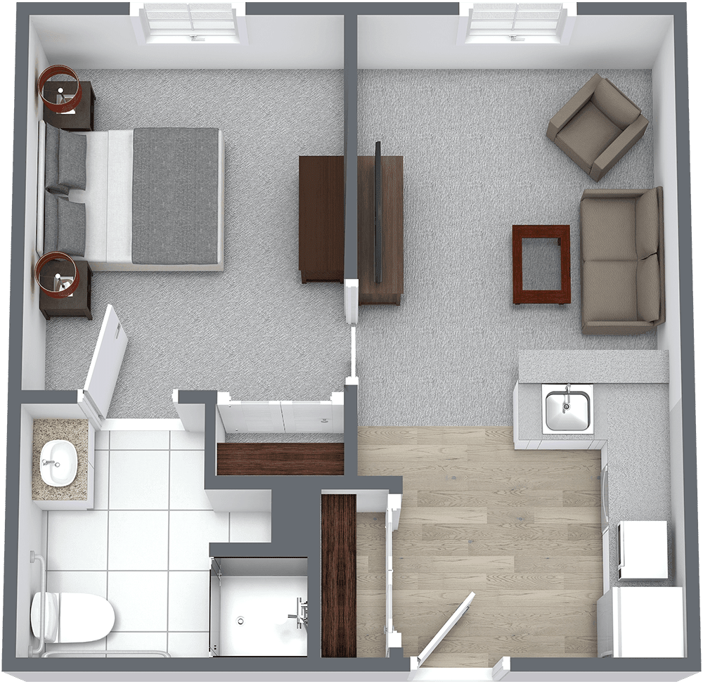A compact one-bedroom apartment floor plan with a living room, kitchen, and bathroom.