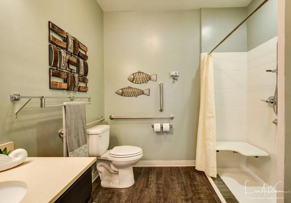 An accessible bathroom featuring a toilet, shower area, fish-themed wall art, and safety grab bars.