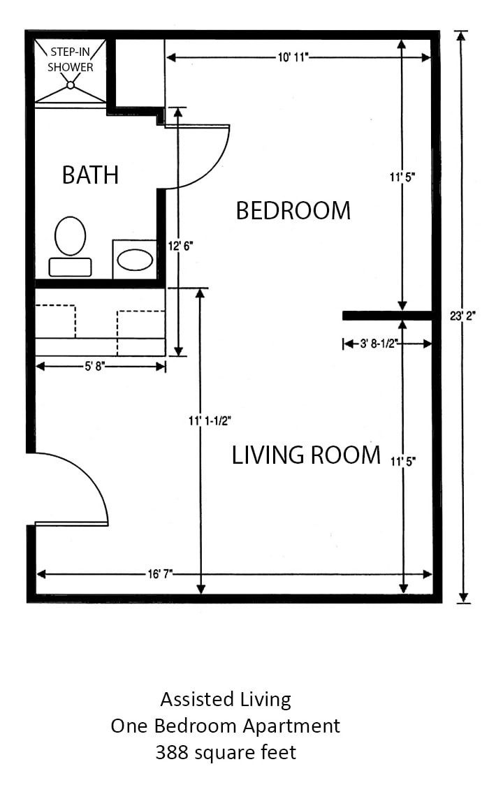 A simple floor plan showing a small apartment layout with a bathroom, bedroom, and living room.