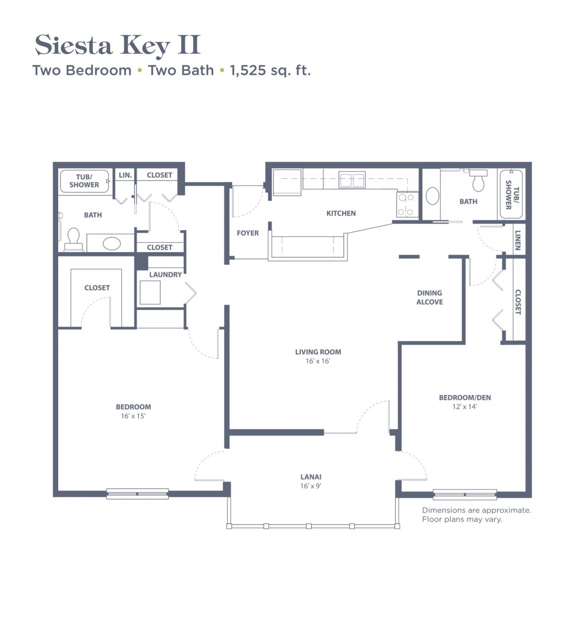 Siesta Key II floor plan featuring a two-bedroom, two-bathroom apartment with 1,025 sq. ft.