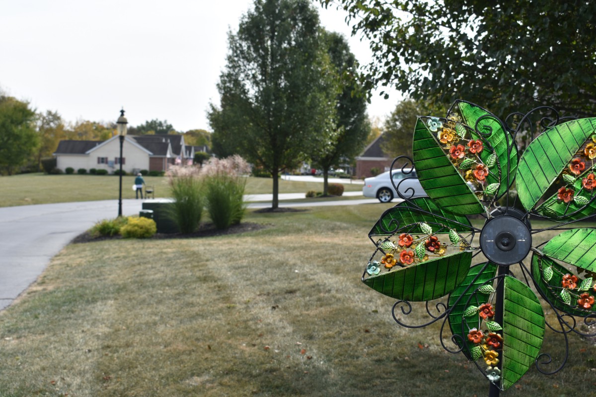 A suburban front yard featuring a colorful decorative object with trees and a street in the background.