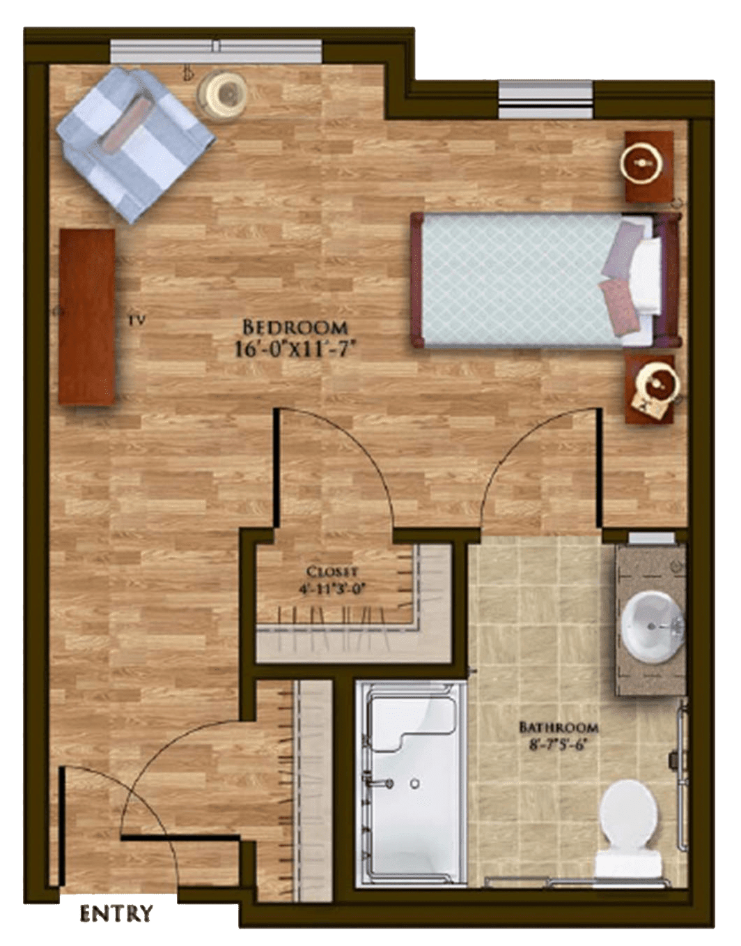 This image is a floor plan of an apartment, showing the arrangement of a bedroom, bathroom, and living area.