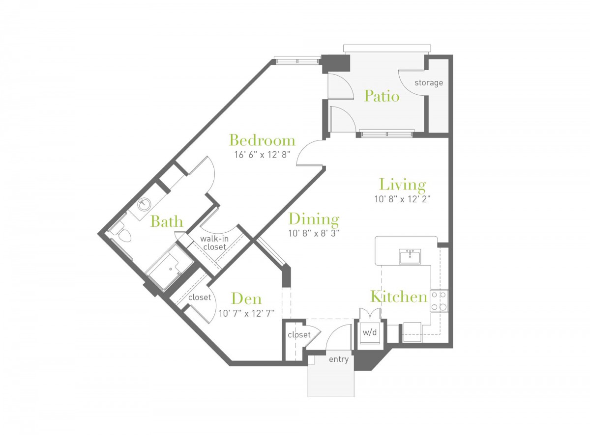 A floor plan of an apartment showing various rooms including a bedroom, living area, kitchen, and patio.