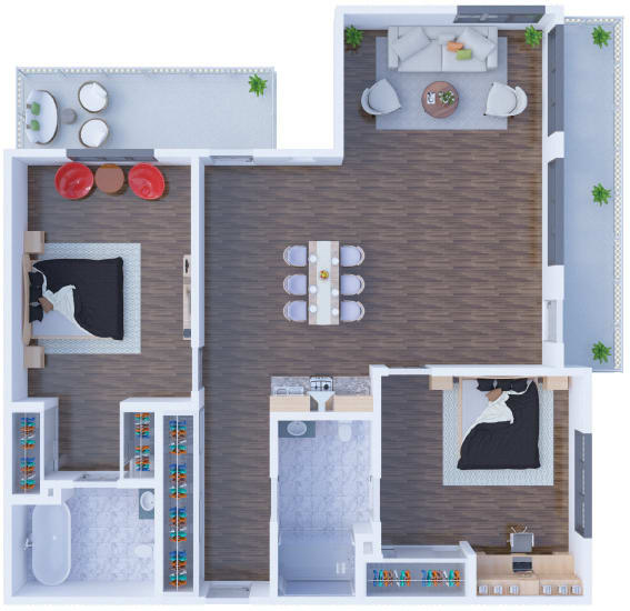 A detailed floor plan of a modern apartment featuring two bedrooms, a living area, kitchen, and outdoor patio.
