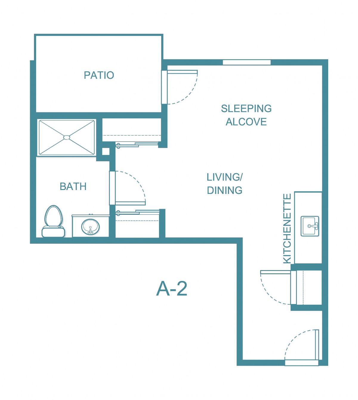 A compact studio apartment floor plan with a patio, living/dining area, sleeping alcove, bath, and kitchen.