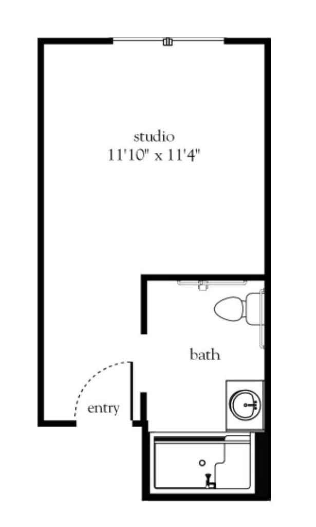 A basic floor plan of a small studio apartment, featuring an entry area, main living space, and a bathroom.
