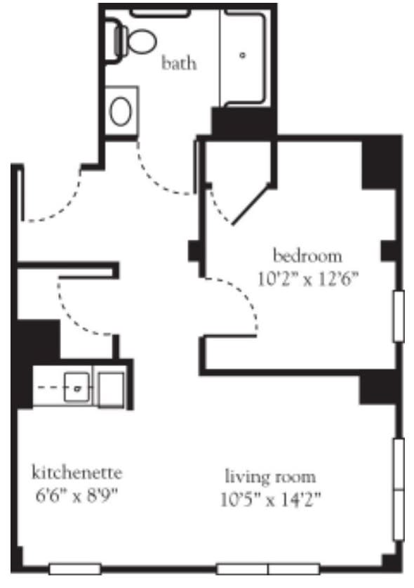 A floor plan of a small apartment with labeled room dimensions.
