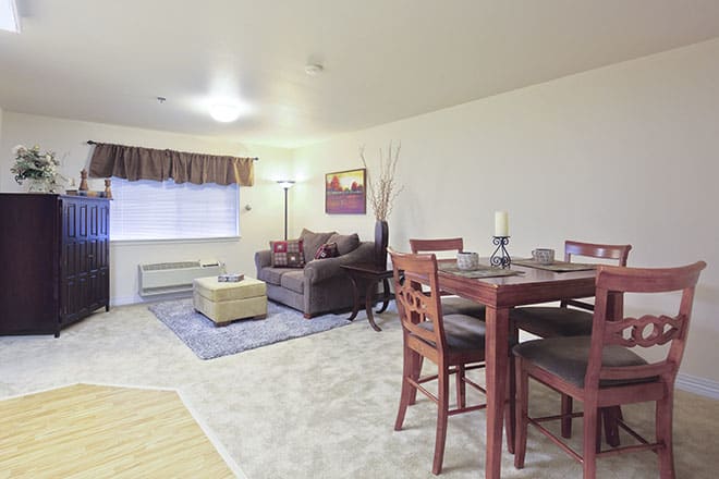 A cozy living and dining area with a sofa, dining table, and bright lighting.