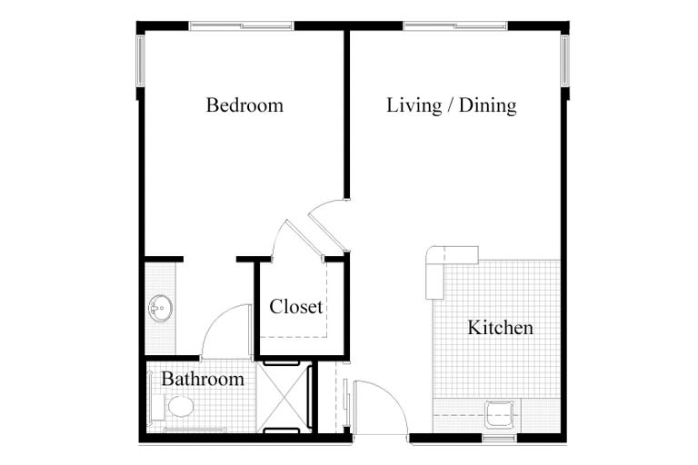 A simple one-bedroom apartment floor plan with living/dining area, kitchen, bathroom, and closet.
